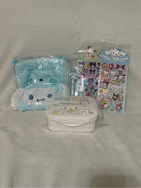 Sanrio Cinnamoroll Bundle #7A - Drawstring Bag, Lunch Container, Stickers, Pen